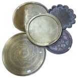 2 Eastern engraved brass trays, 57cm, 2 smaller brass trays, and a Cairo Ware tray
