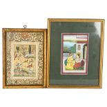 A Mughal painting of a hunting scene, 15 x 21cm, and a second painting of a couple drinking