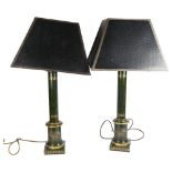 A pair of modern painted Toleware style table lamps and shades, with gilded decoration, H71cm