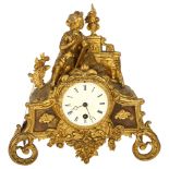 An Antique gilt-bronze French mantel clock, 8-day movement, with key and pendulum, clock height 29cm