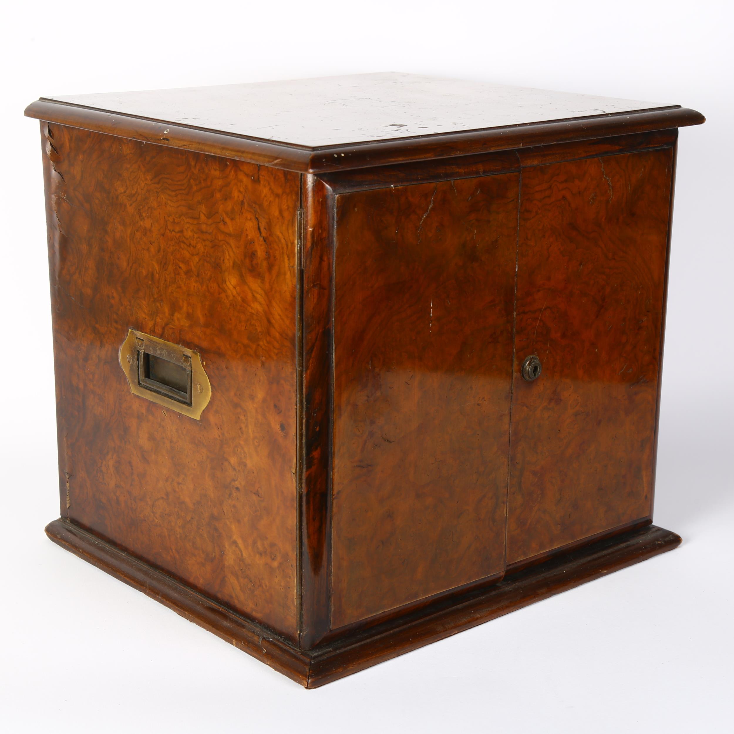 A Victorian burr-walnut table-top collector's cabinet, the 2 doors opening to reveal 8 short - Image 2 of 2
