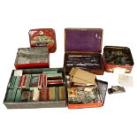 A quantity of world banknotes, an early 20th century drawing set, cigarette cards, lead animals etc