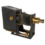 A Victorian painted and brass-mounted magic lantern, with bellow slide, H34cm, base L30cm