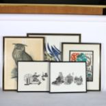 4 woodblock prints, and a coloured owl print (5)