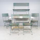 A painted metal folding garden table, 150x74x87cm, a folding bench, length 110cm and four matching