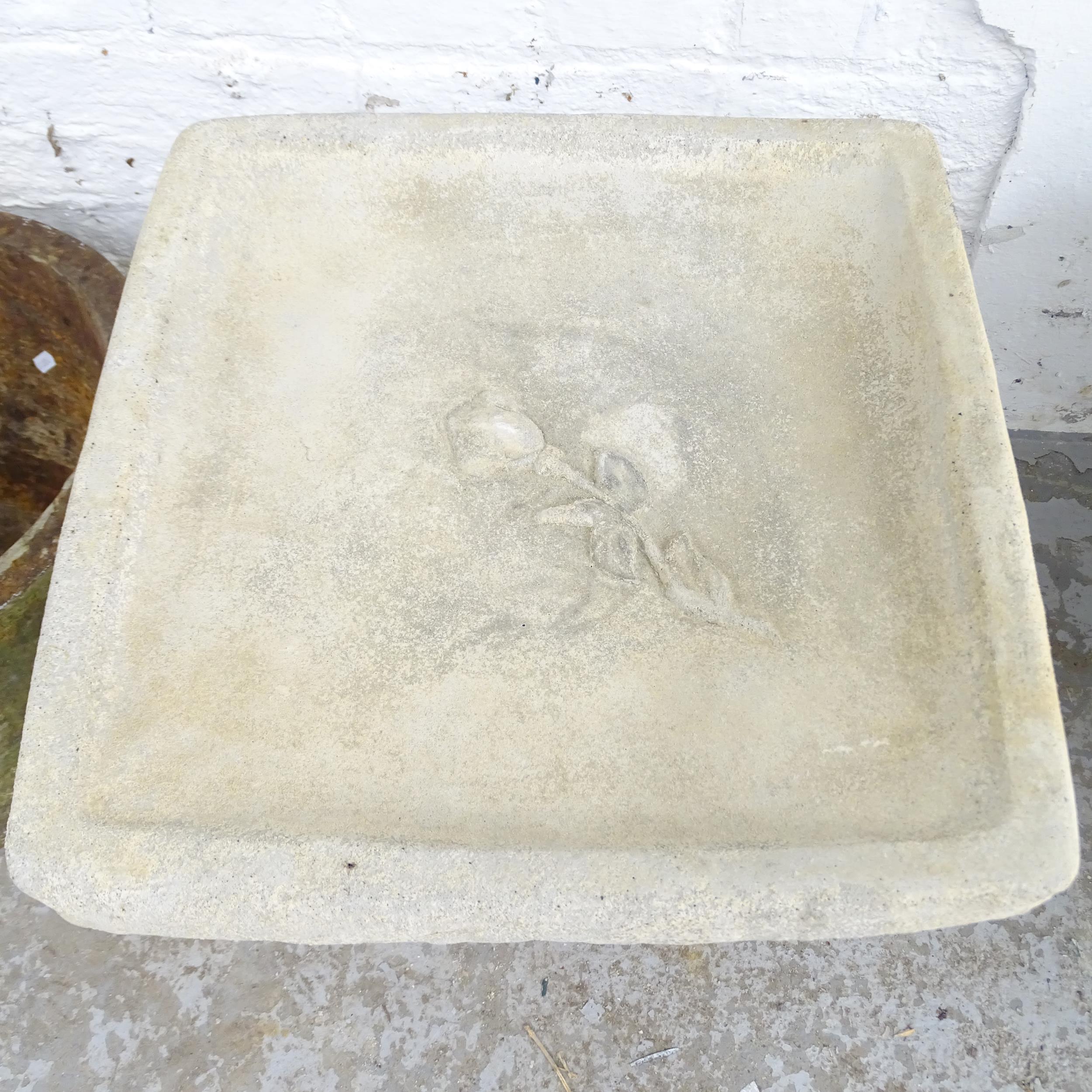 A two-section concrete square-top bird bath with rose decoration. 40x50cm - Image 2 of 2