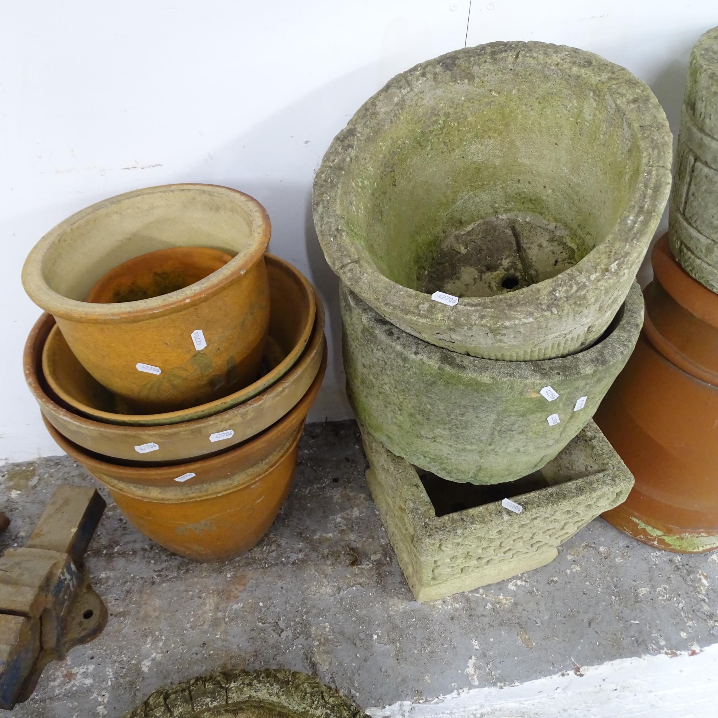 A terracotta chimney pot, height 47cm, four concrete planters six terracotta garden pots (11) - Image 2 of 2