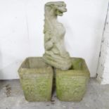 A pair of weathered concrete garden planters with foliate decoration, 29x35cm, and a concrete