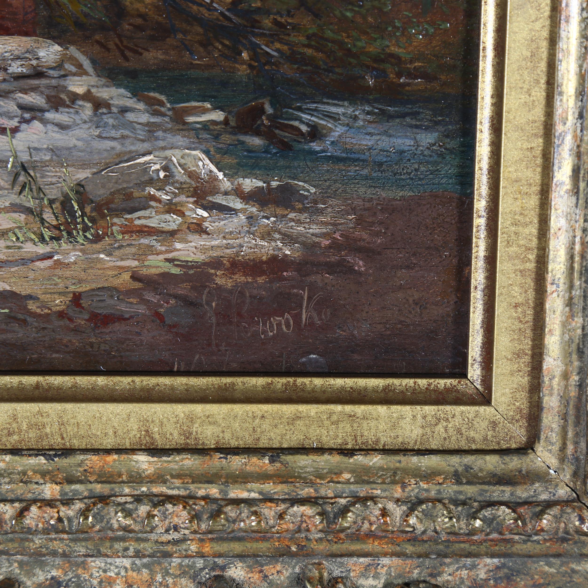 Brooke, a 19th century oil on panel, stalking by the river, image 21cm x 39cm, 36cm x 54cm - Image 2 of 2