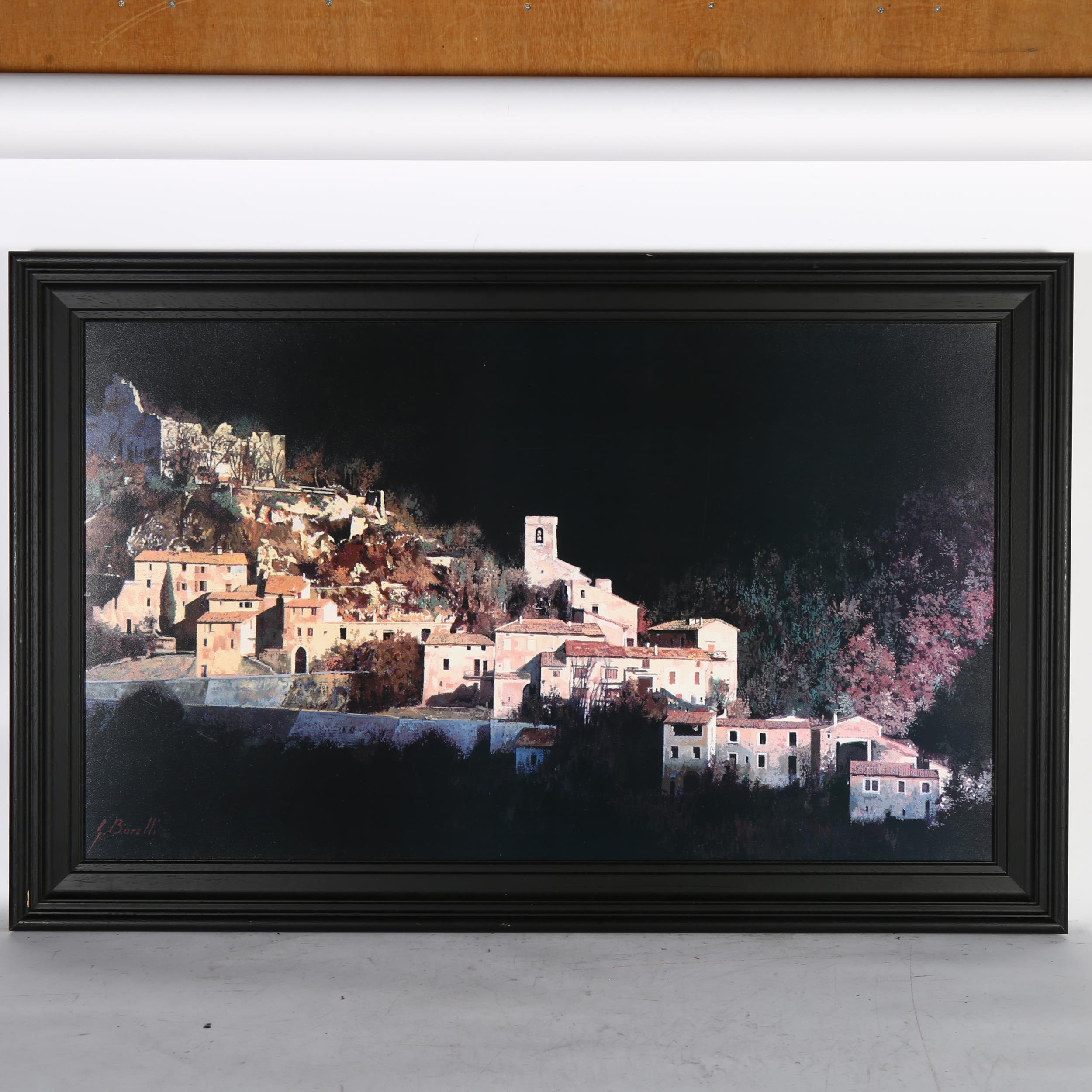 After Guido Borelli, large print on board, "Dpaesaggio Scuro", 72cm x 112cm overall, framed