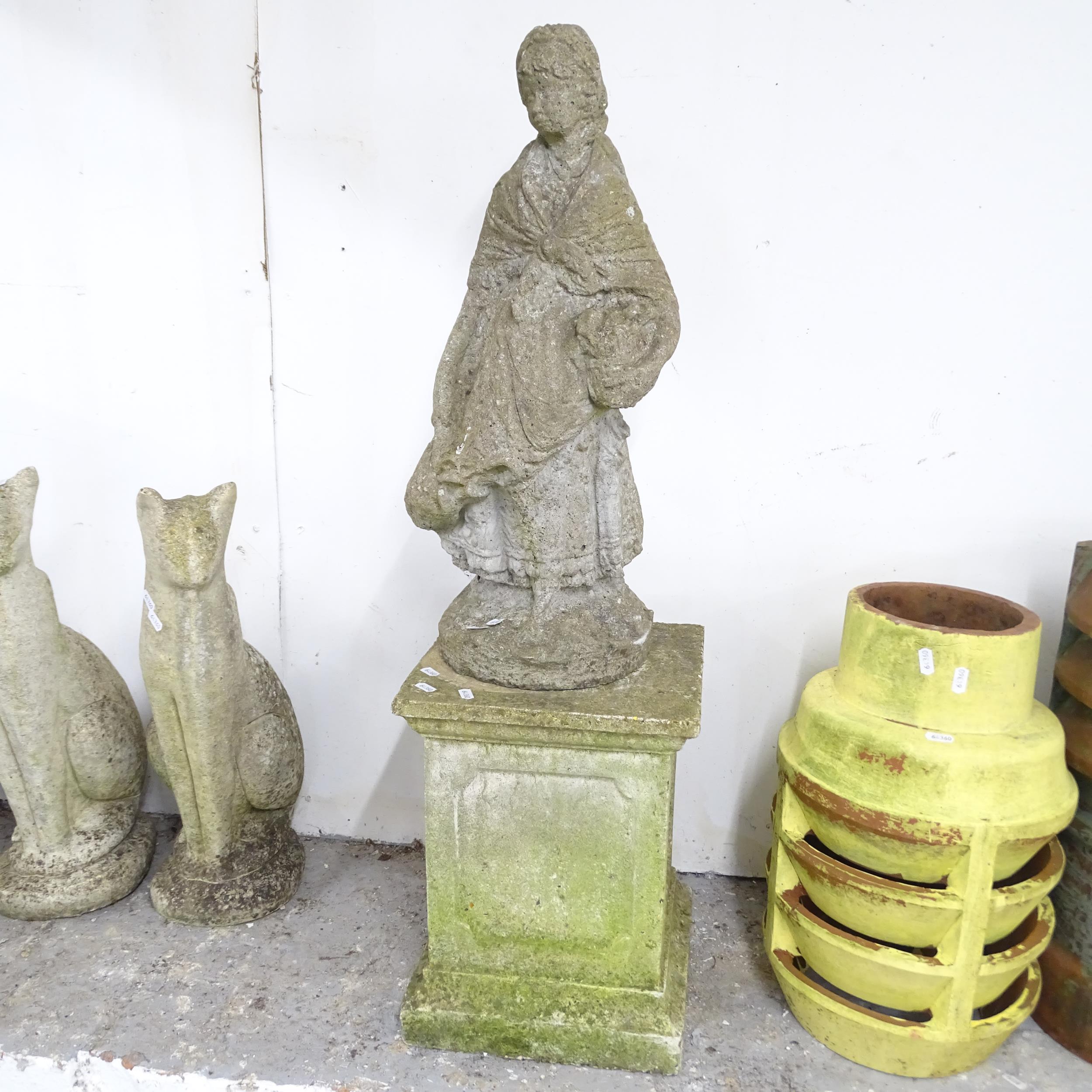 A weathered concrete garden plinth, 30x39cm, and a concrete statue of a lady, height 63cm. (2)