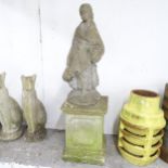 A weathered concrete garden plinth, 30x39cm, and a concrete statue of a lady, height 63cm. (2)