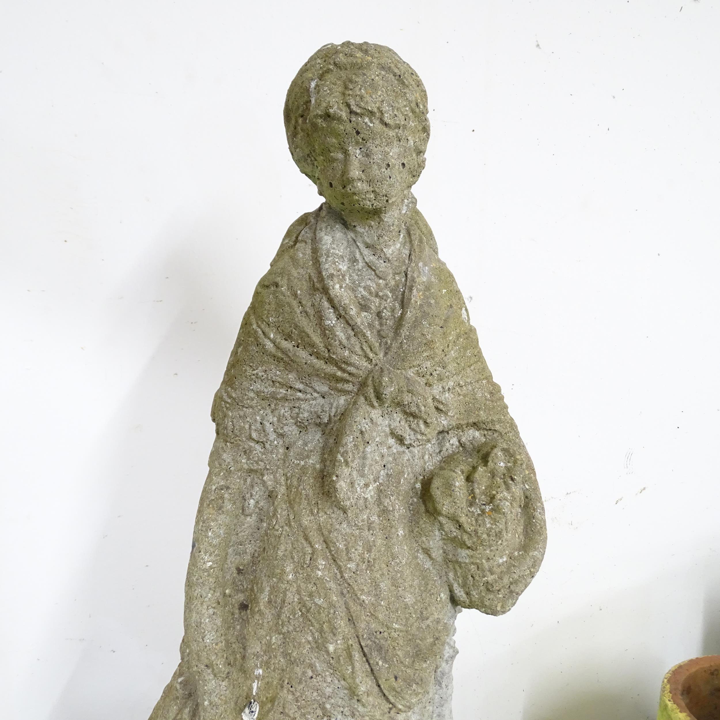 A weathered concrete garden plinth, 30x39cm, and a concrete statue of a lady, height 63cm. (2) - Image 2 of 2