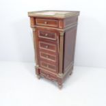 An antique continental mahogany pot cupboard, with marble top and brass gallery and mounts.