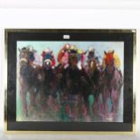 A large coloured print, the horse race, with signature to lower right corner, 69cm x 87cm overall,