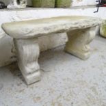 A three-section concrete timber-design garden bench. 102x44x40cm