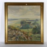 E Giessing, 20th century oil on canvas, panoramic hilltop view, 76cm x 71cm overall, framed