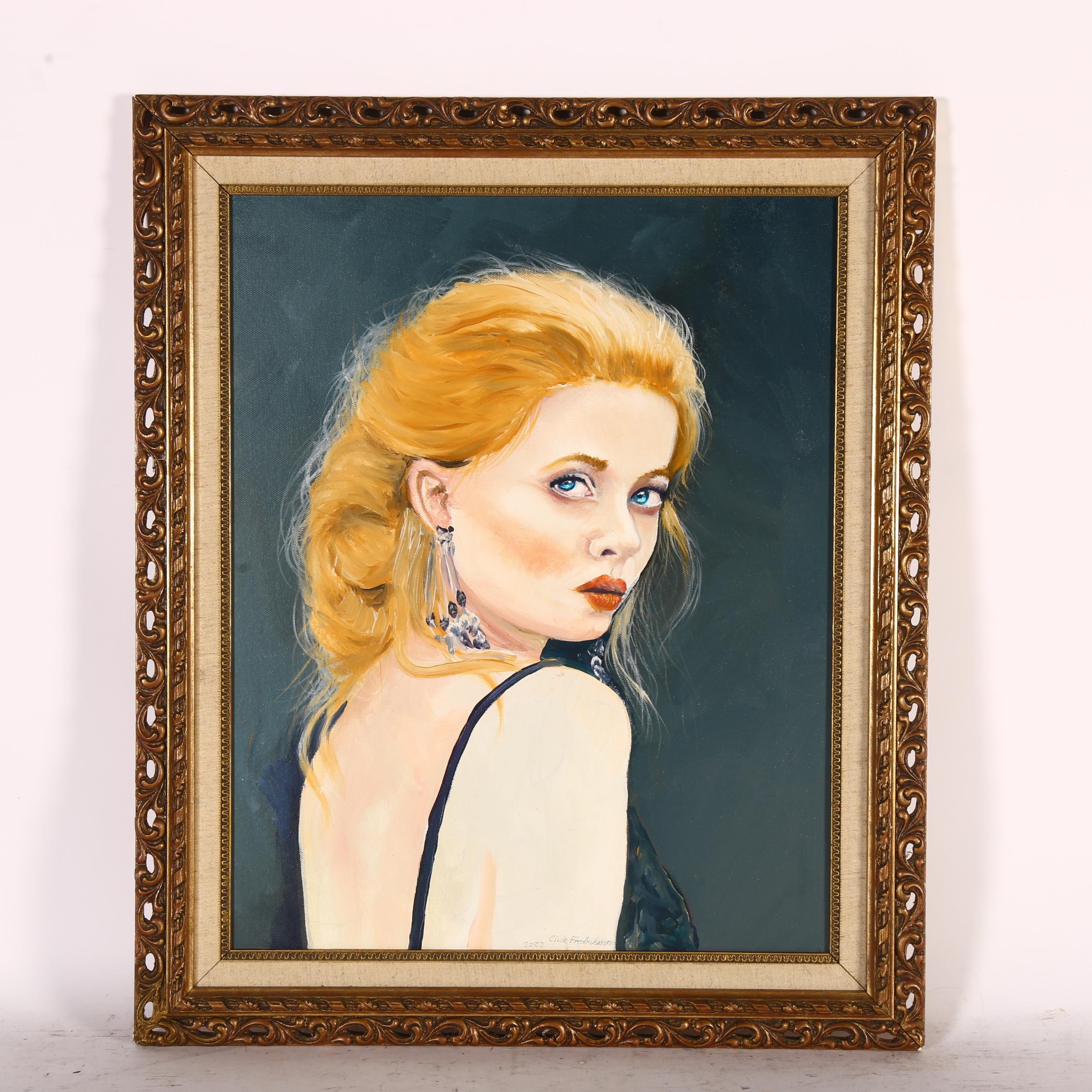 Clive Fredriksson, oil on board, portrait study of a lady with blonde hair, 62cm x 52cm overall,