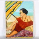 Clive Fredriksson, oil on canvas, study of a 1950s girl on the beach, 80cm x 60cm overall, unframed
