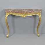A continental gilt-painted and marble topped console table of serpentine form. 98x76x29cm