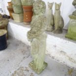 A weathered concrete garden statue, study of a lady. Height 115cm.