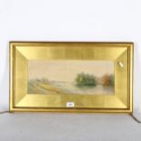 E Lewis, watercolour, panoramic river view, 37cm x 64cm overall, framed