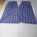 A pair or blue-tartan design lined and interlined curtains. Drop 80", Gathered width 50", Base width