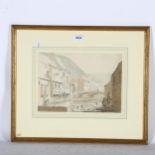 Miss F Duncombe, Continental riverside buildings, sepia watercolour, 20cm x 28cm, framed
