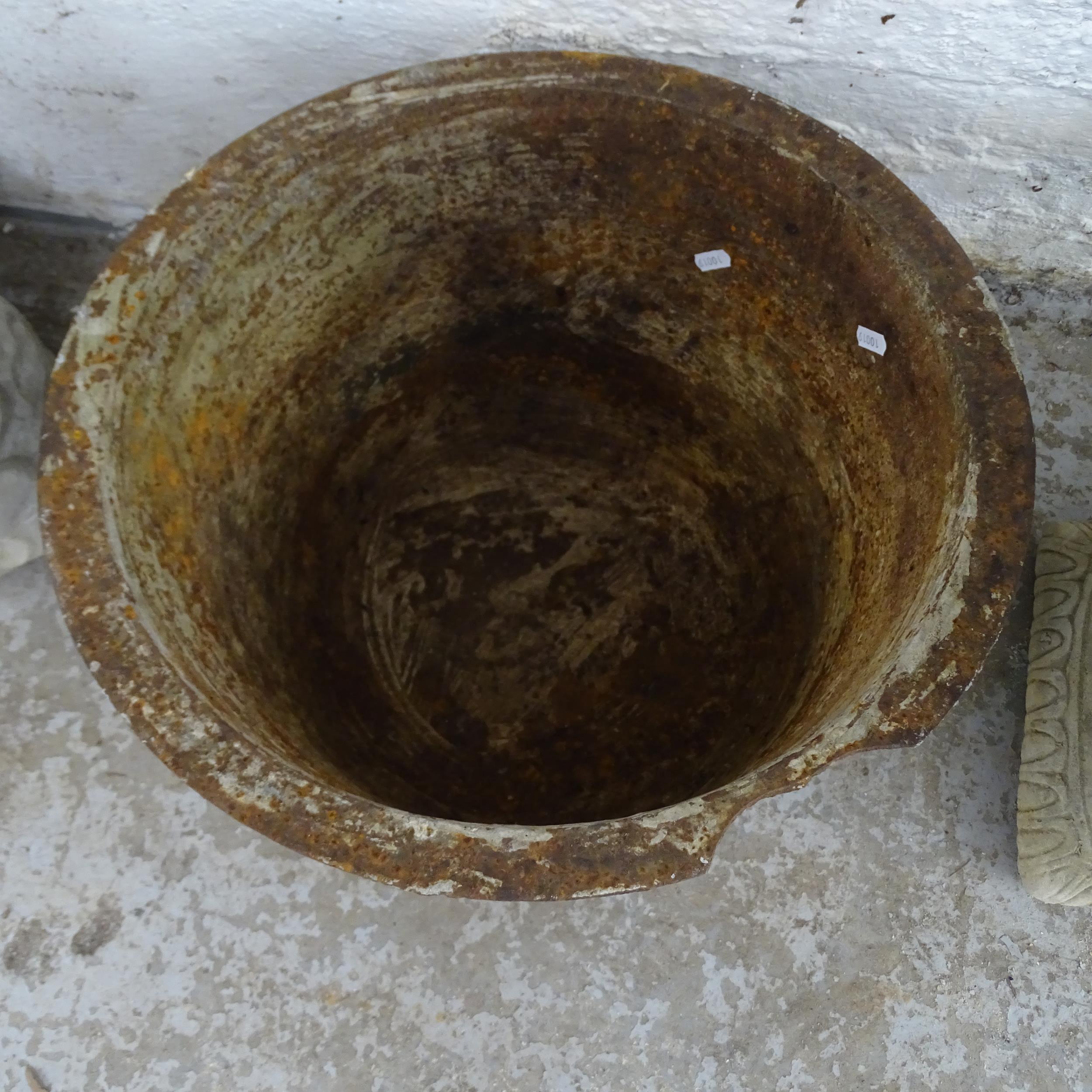 A weathered metal circular garden planter with rounded base. 48x39cm - Image 2 of 2