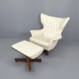A G Plan 6250 Armchair, with 6251 footstool, white upholstered.