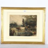 Peter De Wint OWS (1784 - 1849), horses by a pond, watercolour/body colour with scratching out, 26cm