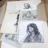 A folio of charcoal drawings, prints etc, some signed