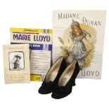 Marie Loyd's silk shoes, together with a signed page from an autograph album dated 1910, certificate