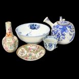 A group of Chinese porcelain, including a large blue and white teapot with side-pouring handle,