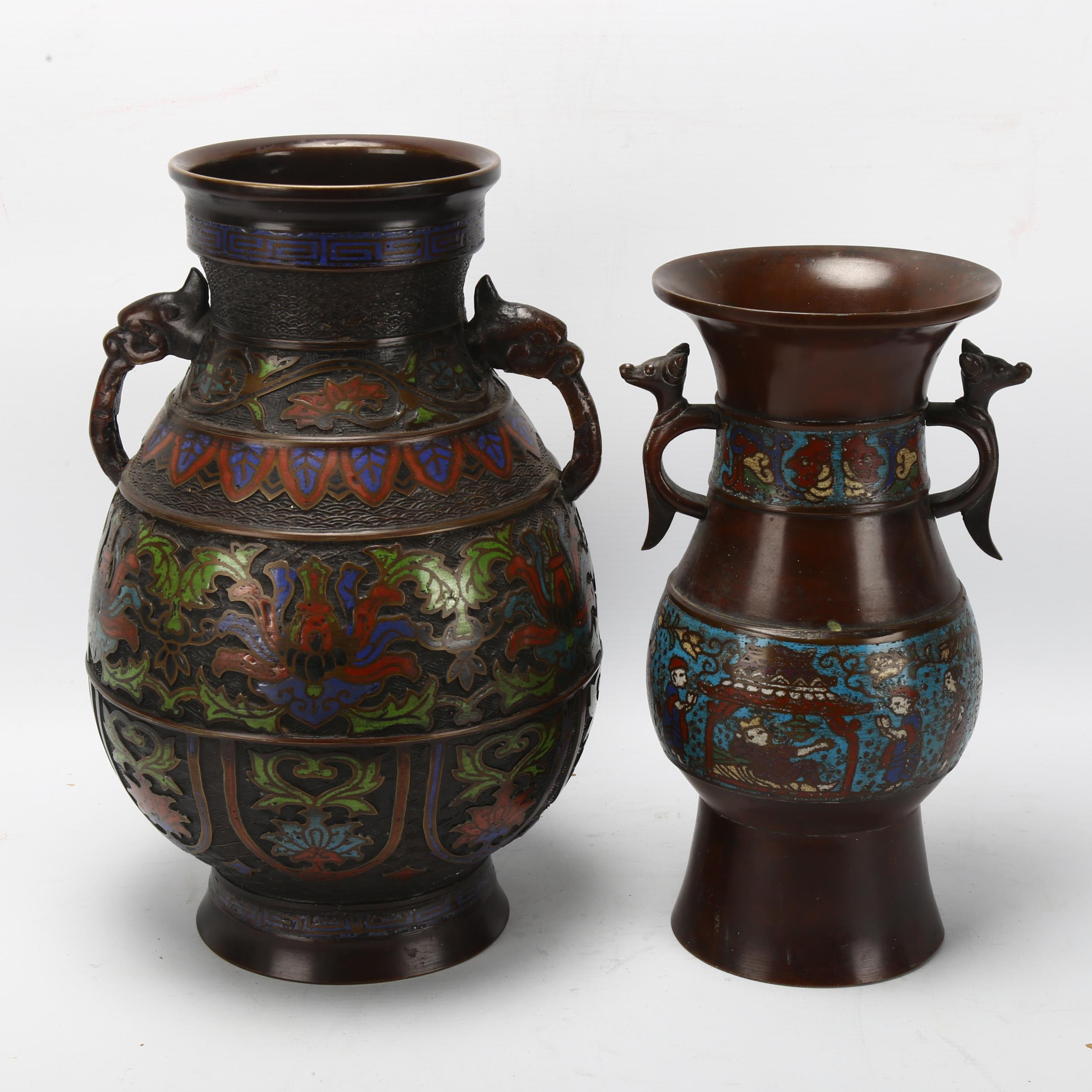 2 Chinese bronze and champleve enamel 2-handled vases, height 30cm and 26cm Both in good - Bild 2 aus 3