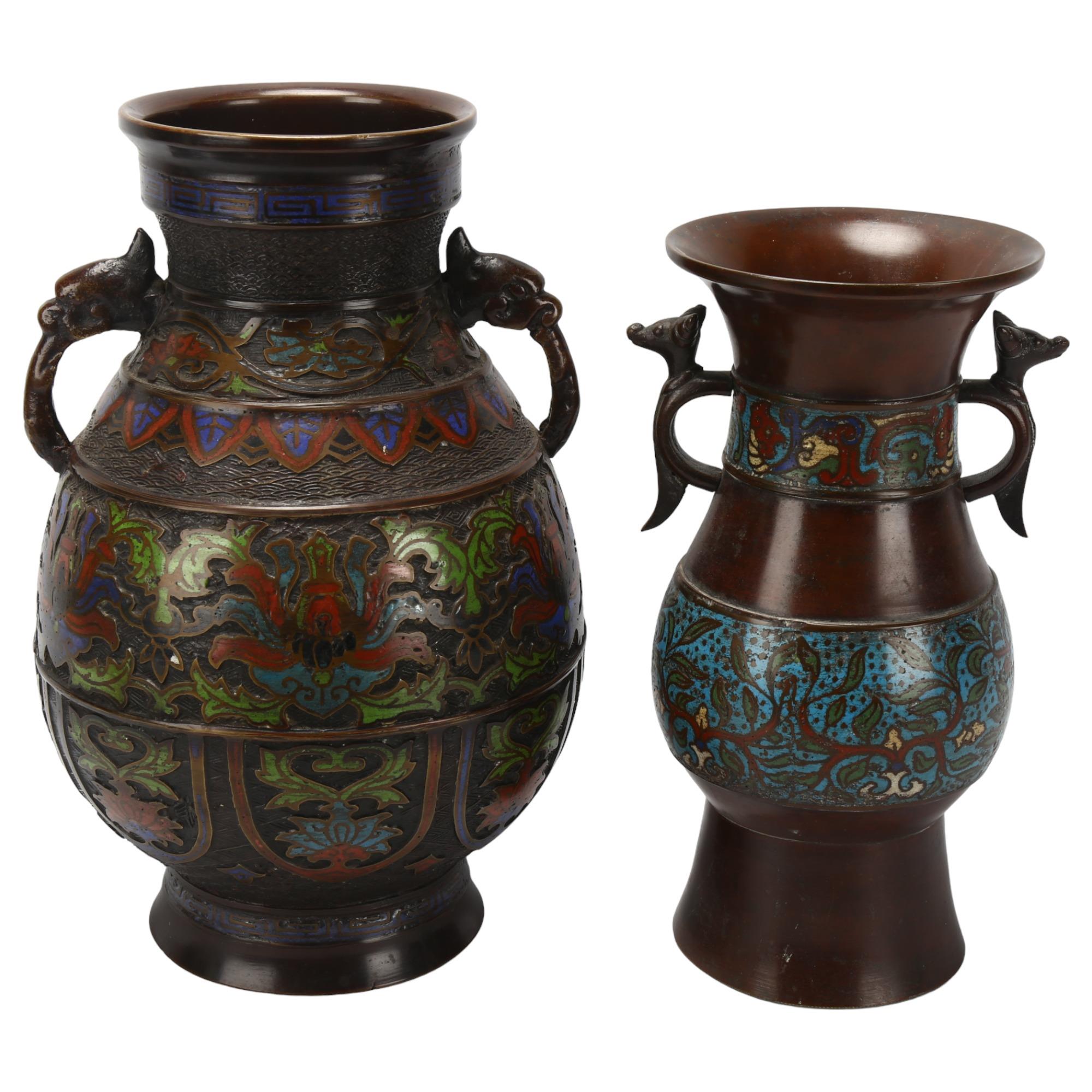 2 Chinese bronze and champleve enamel 2-handled vases, height 30cm and 26cm Both in good