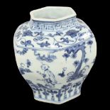 A Chinese blue and white, hexagonal baluster vase, height 16cm Glaze chip on neck, no other chips,