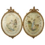 Pair of 19th century silk embroidery pictures depicting country girls, original gesso frames with