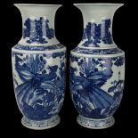 Pair of large Chinese blue and white porcelain vases, hand painted peacock and landscape design,