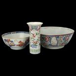 A large Chinese porcelain floral painted bowl, diameter 29cm, smaller porcelain bowl, 20cm, and a