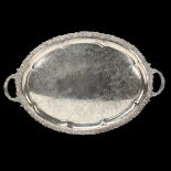 Large 19th century electroplate tea tray with cast gallery, length including handles 69cm Good
