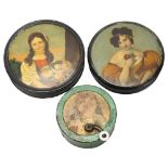 2 similar 19th century circular lacquer boxes decorated with portraits of young women, diameter 9cm,