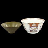 An Antique Chinese export enamelled tea bowl, together with a green glazed tea bowl, largest