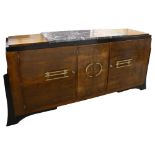 A large Art Deco walnut sideboard, in Bauhaus style, with ebonised sides and plinth and marble