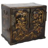 A small Japanese Meiji Period lacquer table cabinet, with gilded butterfly decorated top, shaped