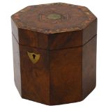 19th century walnut and parquetry inlaid octagonal tea caddy, with inner lid, width 11cm, height