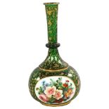 A Bohemian green glass gilded flower decorated vase, height 21cm Some rubbing to gilding, no chips