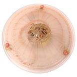 A French pink glass plafonnier, relief moulded geometric design, new cords, diameter 35cm Very