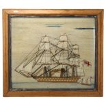 A 19th century sailor's woolwork picture depicting a 3-masted ship at full sail, maple frame,