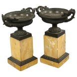A pair of 19th century bronze tazza urns on Sienna marble plinths, height 23.5cm Multiple chips to